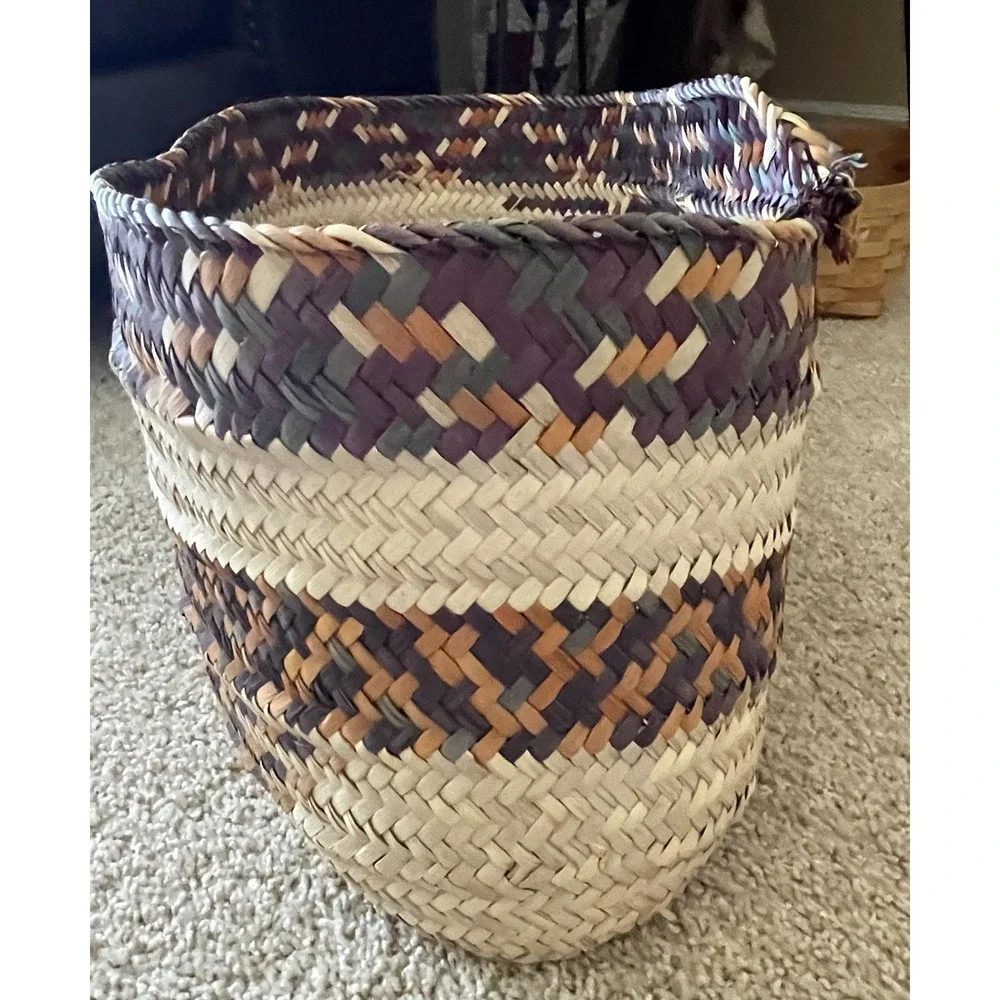 Boho Woven Baskets 2 Large Orange Purple Green Striped Open Storage Vtg Rattan
